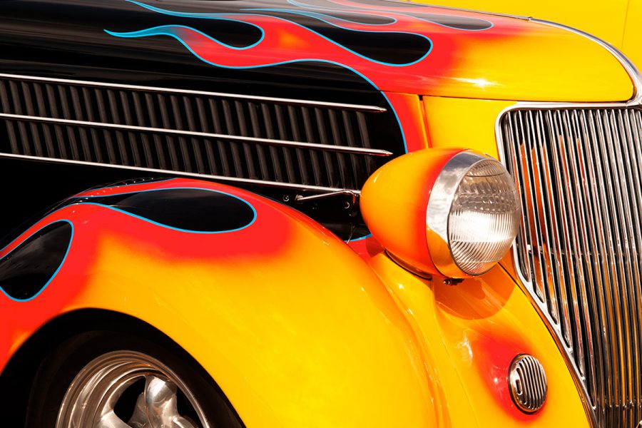 close up of roadster with flame paint